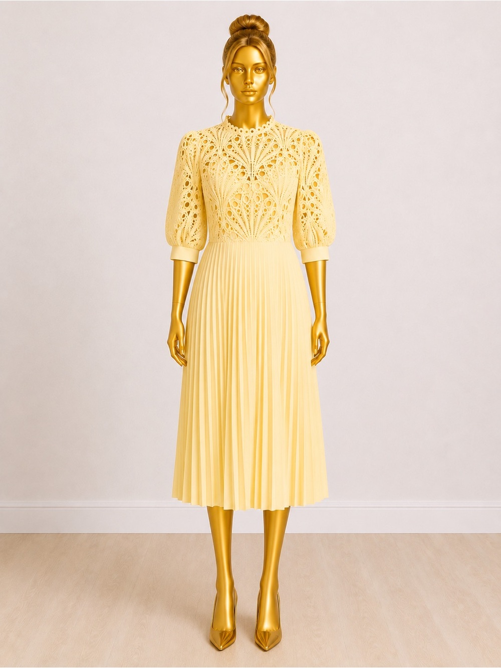 SHEIN Yellow Crochet Bodice Pleated Midi Dress